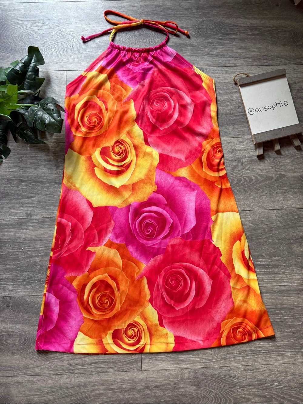 Vintage 90s Xhilaration Bold Large Rose Print High Neck Halter Mini Dress Size M
